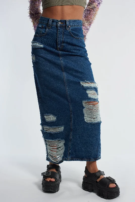 Midi Dresses for Versatile Wear -Shredder Distressed Denim Maxi Skirt