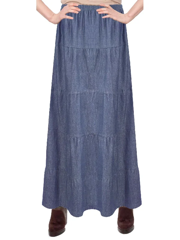 Flowy maxi skirts for breezy summer style -Women's Ankle Length Tiered Long Denim Prairie Skirt