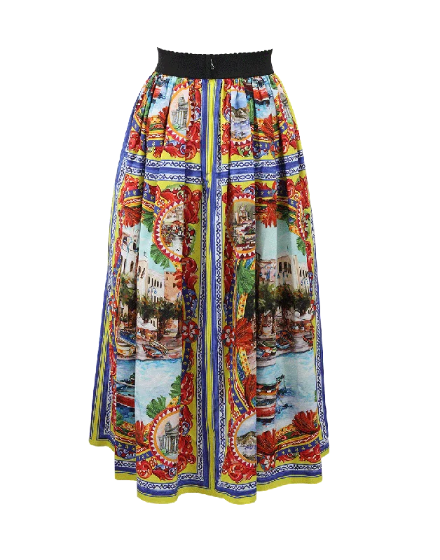 High-waisted skirts with button front detail -Caretto Print Midi Poplin Skirt