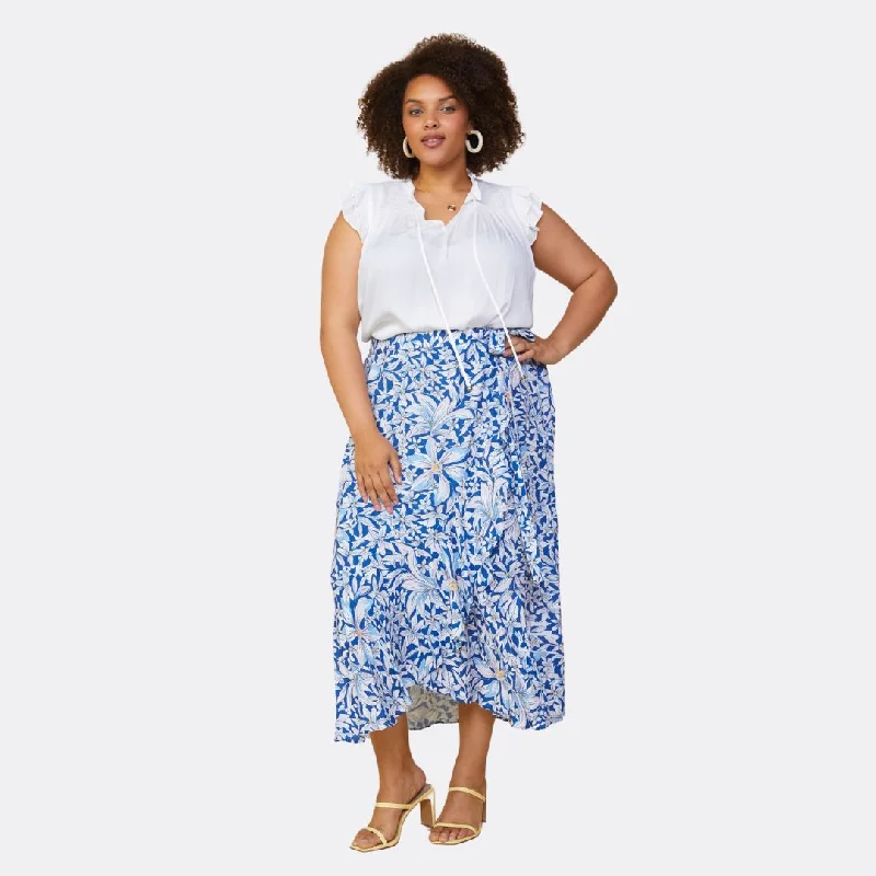 Trendy skirts with asymmetrical hem lines -Plus Size Floral Print Ruffle Wrap Skirt