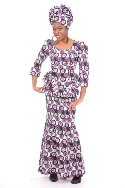 Luxury maxi skirts for dramatic flair -Elegant Off-White Purple African Print Top and Skirt-DP3340