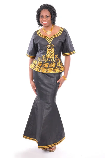 Bold skirts with metallic shimmer finish -Elegant Black and Gold African Brocade Skirt Set for Ladies