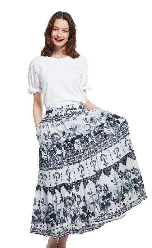 Gothic Dresses with Dark Tone -Woodstock Midi Skirt - Grey Ikat