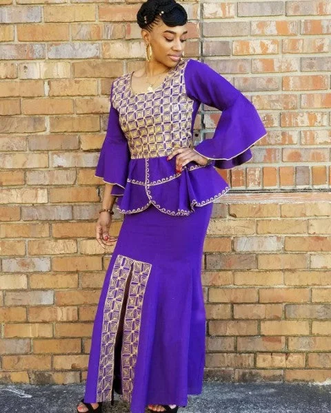 Casual skirts with relaxed fit comfort -Purple African Top and Skirt with Gold Embroidery-DP3839TS