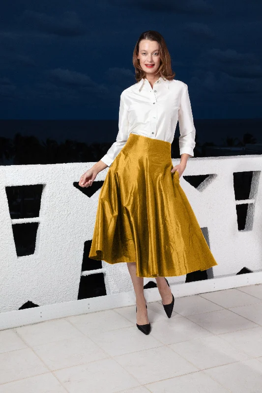 High-waisted Dresses for Flatter -Mid-Calf Silk Skirt - Gold