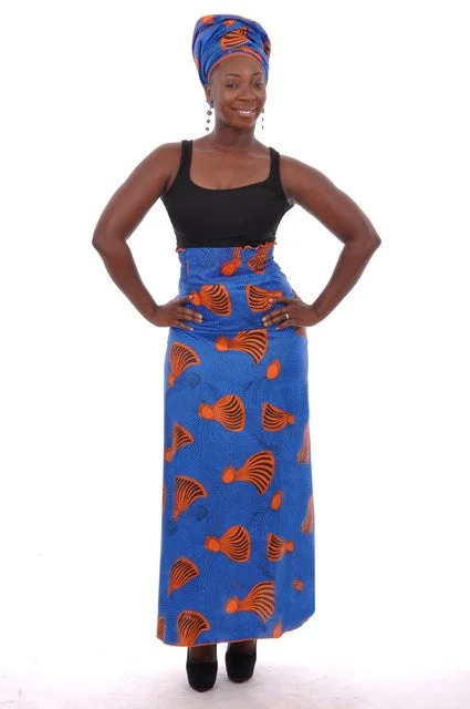 Lightweight cotton skirts for summer ease -Blue and Orange African Print Skirt-DP3900