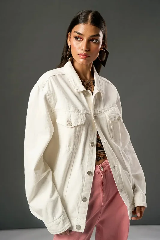 Checkered Jackets for Trendy -Crystal White Women's Denim Trucker Jacket