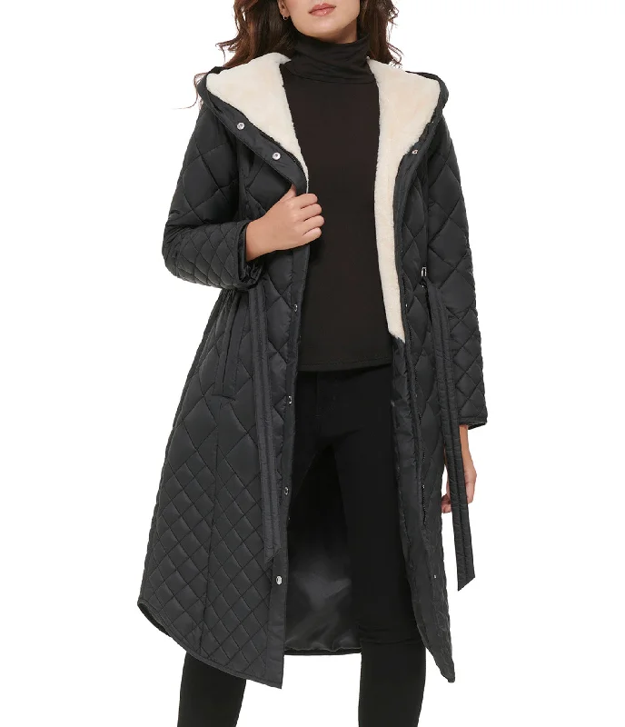 Christmas Jackets for Holiday -Belted quilted long jacket With Faux Sherpa Lining