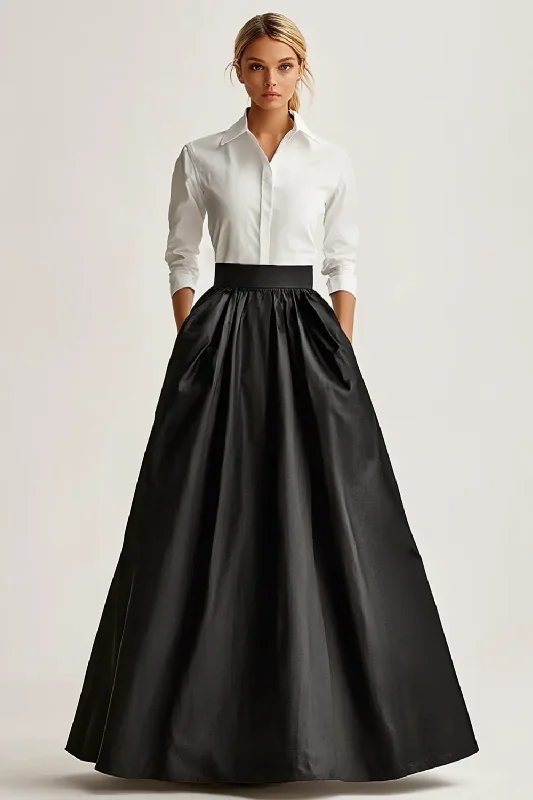 Designer maxi skirts for upscale bohemian flair -Full Length Black Satin A Line Skirt with Pcokets