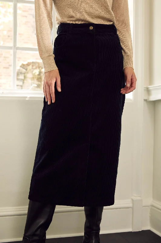 A-line skirts for flattering timeless silhouettes -Mallory Stretch Corduroy Skirt | Black