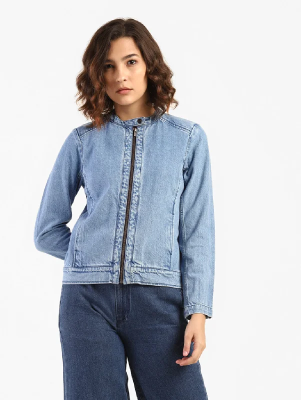 Denim Jackets for Casual Wear -Women's Solid Band Neck Denim Jacket