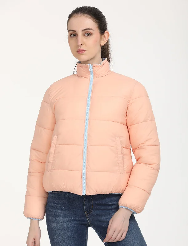 Zip-Up Jackets for Convenience -Women's Quilted Light-Pink High Neck Puffer Jacket