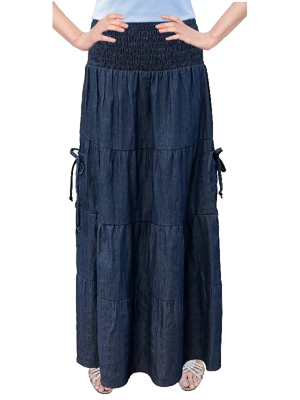 Vintage denim skirts for nostalgic charm -Baby'O Women's' Long Ankle Length Summer Weight Cargo Pocket Denim Tiered Prairie Skirt