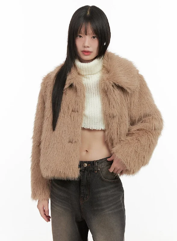 Beige Jackets for Neutral -Buttoned Faux Fur Jacket CD426