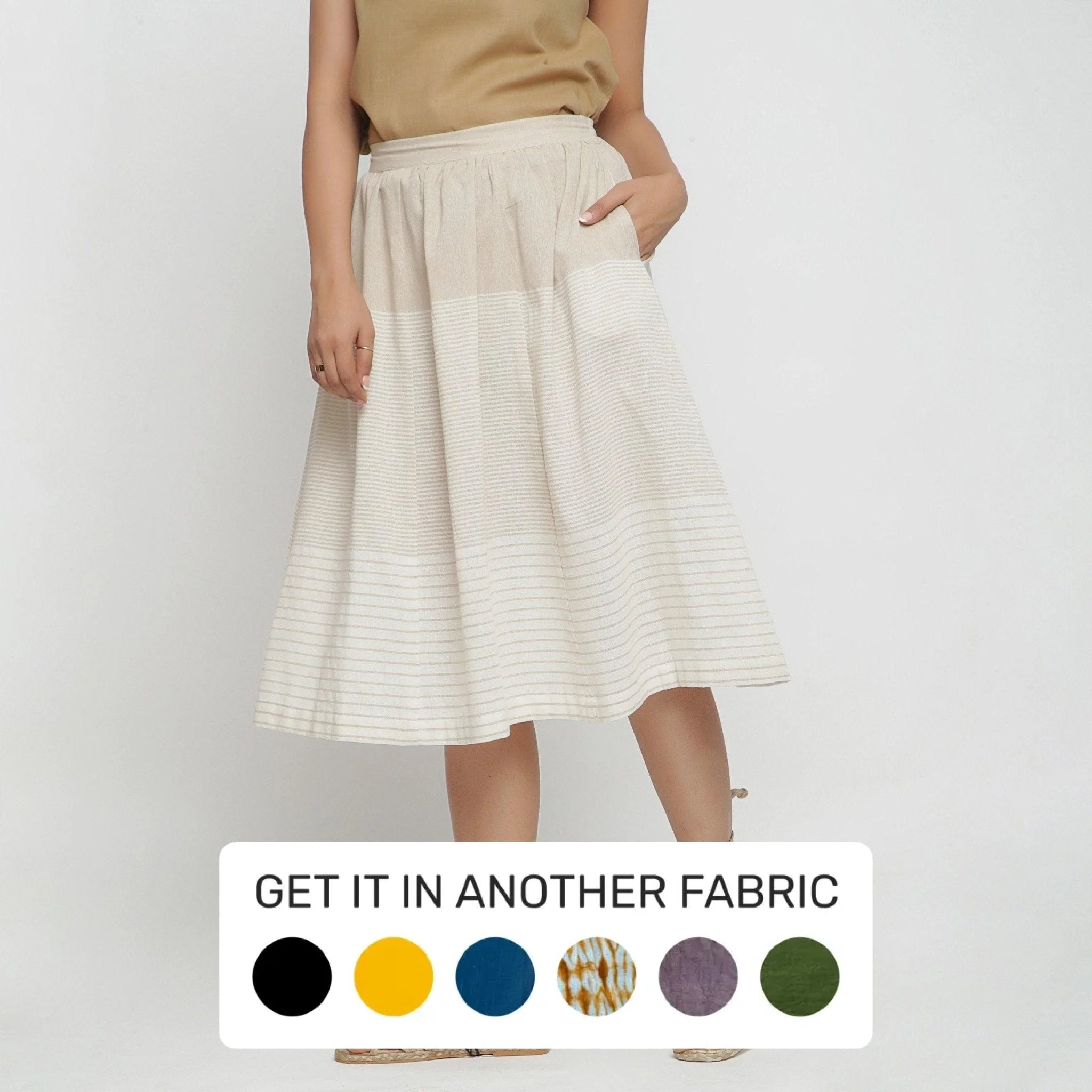 Wrap Dresses for Adjustable -Beige Striped Cotton Elasticated Midi Paneled Skirt