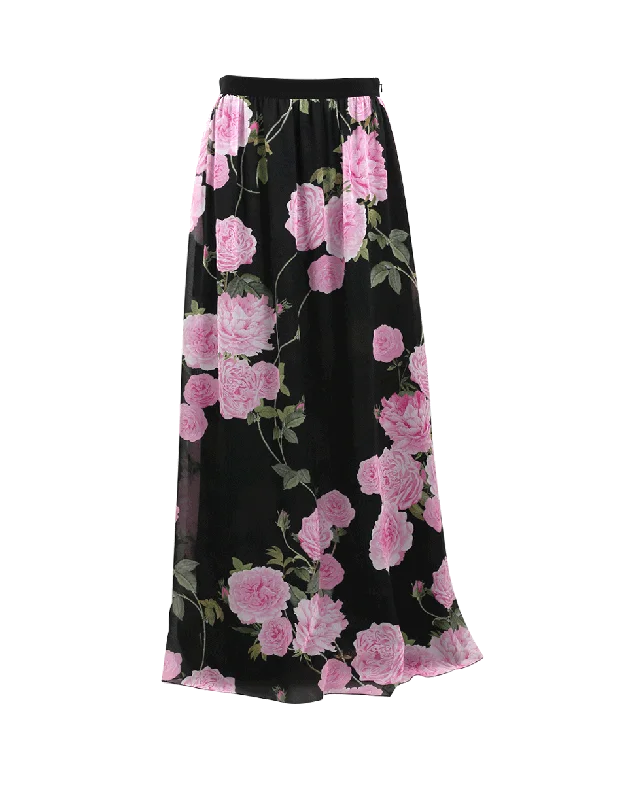 Soft skirts with plush cotton lining -Rose Print Maxi Skirt