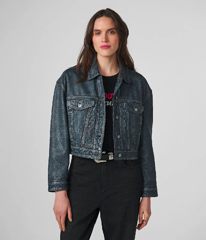 Purple Jackets for Elegant -Sloane Cropped Denim Leather Jacket