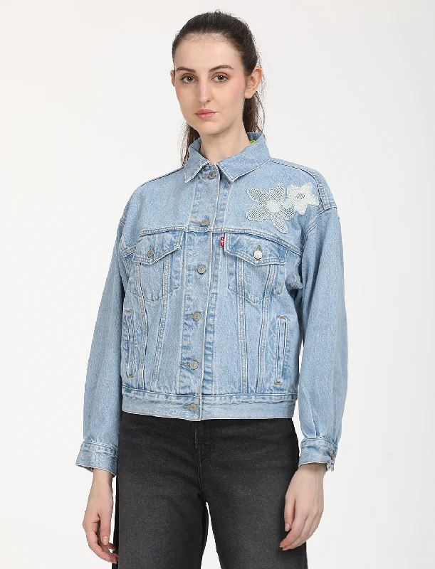 Lightweight Jackets for Easy Carry -Women's Floral Print Blue Spread Collar Trucker Jacket