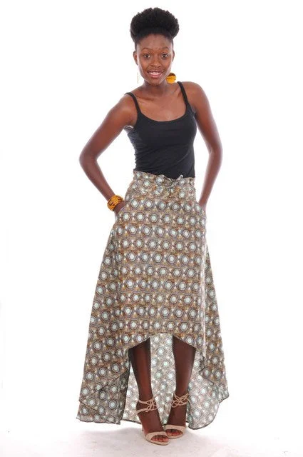 Pleated midi skirts for timeless grace -Aqua and Brown African Print High waist High Low Skirt-DP3259HL