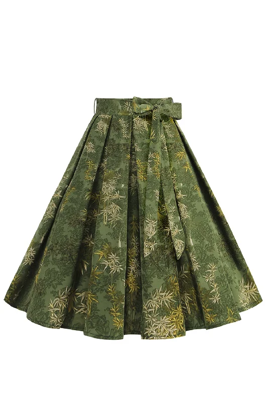 Pleated skirts for sophisticated evening wear -1950s Army Green Floral Pleated Swing Skirt