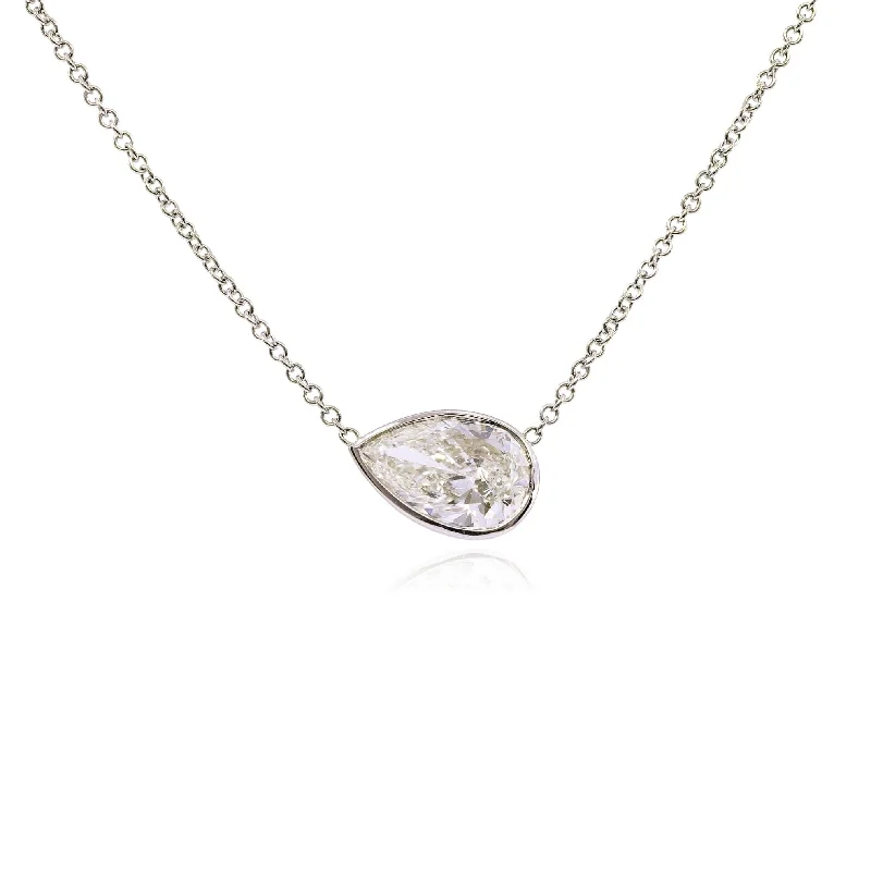 Best necklaces and pendants with personalized coordinates for a special keepsake-PLATINUM EAST-WEST DIAMOND PEAR-SHAPE SOLITAIRE NECKLACE - 3.01CT