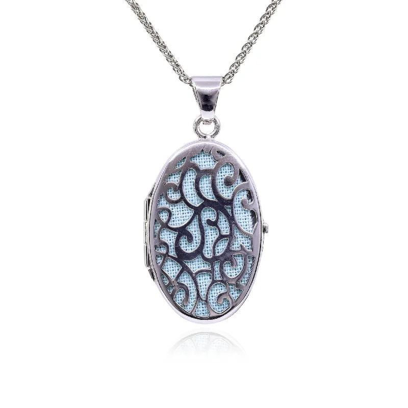 Elegant necklaces and pendants with diamond accents for added sparkle-SILVER OVAL FILIGREE BLUE LOCKET NECKLACE