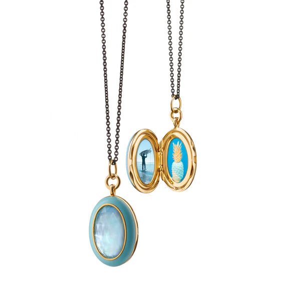 Necklaces and pendants with abstract shapes for a modern, creative appearance-MONICA RICH KOSANN STERLING SILVER 18K YELLOW GOLD BLUE ENAMEL BLUE TOPAZ LOCKET