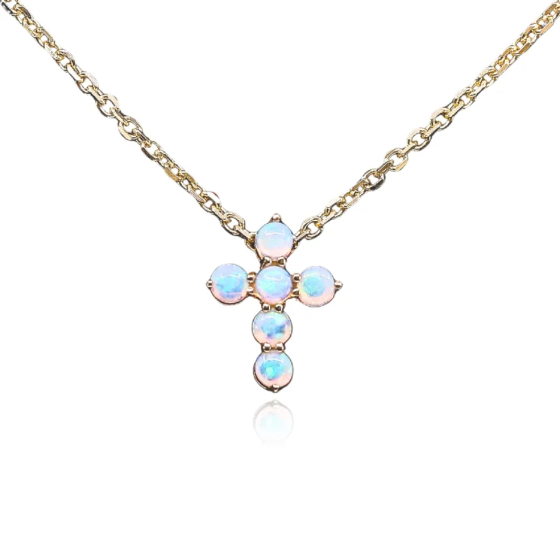 Stunning necklaces and pendants with chakra stones for healing and balance-14K YELLOW GOLD AUSTRALIAN OPAL CROSS NECKLACE