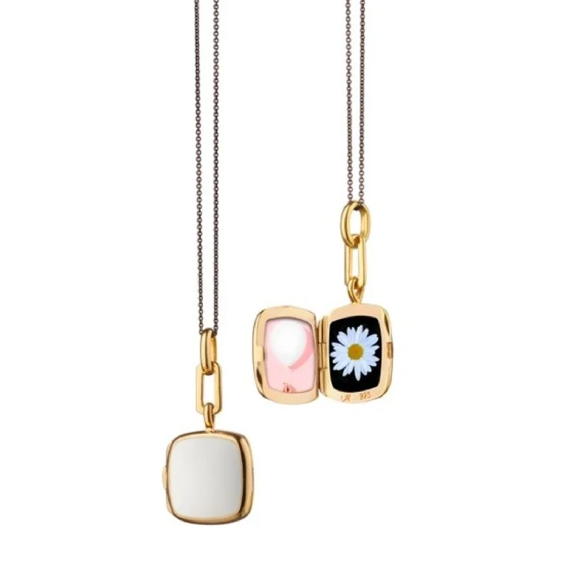 Necklaces and pendants with sun and moon motifs for a celestial-inspired design-MONICA RICH KOSANN STERLING SILVER AND 18K YELLOW GOLD VERMEIL WHITE ENAMEL CUSHION LOCKET NECKLACE