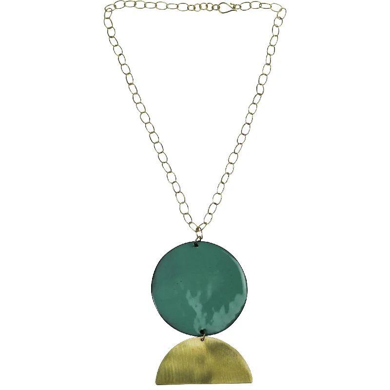 Stunning necklaces and pendants with jade gemstones for a calming green hue-Donte Necklace, Circle with Semi-Circle, Aqua Enamel & Brass - Large