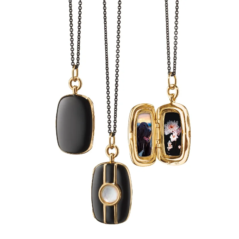 Beautiful necklaces and pendants with natural stones for an earthy, organic vibe-MONICA RICH KOSANN STERLING SILVER 18K YELLOW GOLD BLACK ENAMEL RECTANGULAR LOCKET