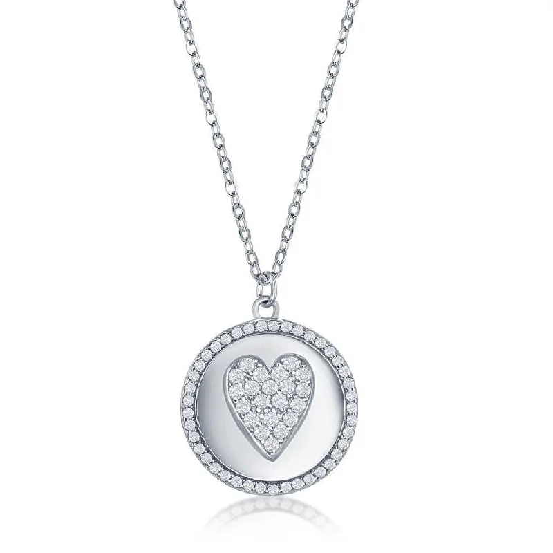 Beautiful necklaces and pendants with geometric shapes for a modern, artistic design-Sterlilng Silver Micro Pave CZ Disc Necklace - Heart