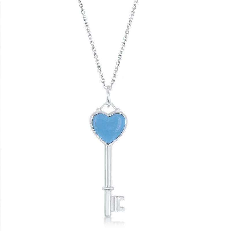 Necklaces and pendants with geometric pendants for a clean, contemporary design-Sterling Silver Blue MOP Heart Small Key Pendant