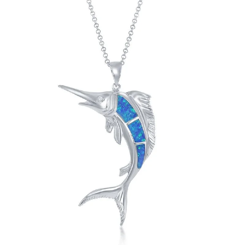 Beautiful necklaces and pendants with diamond halo settings for extra brilliance-Sterling Silver Blue Opal Marlin Fish Pendant