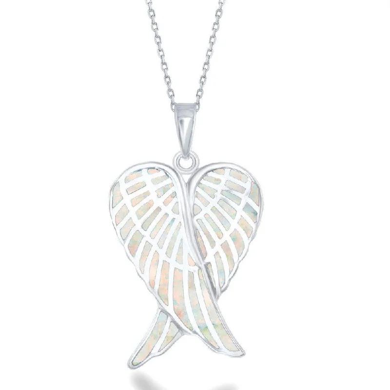 Beautiful necklaces and pendants with moon and star charms for a dreamy effect-Sterling Silver White Inlay Angel Wings Pendant